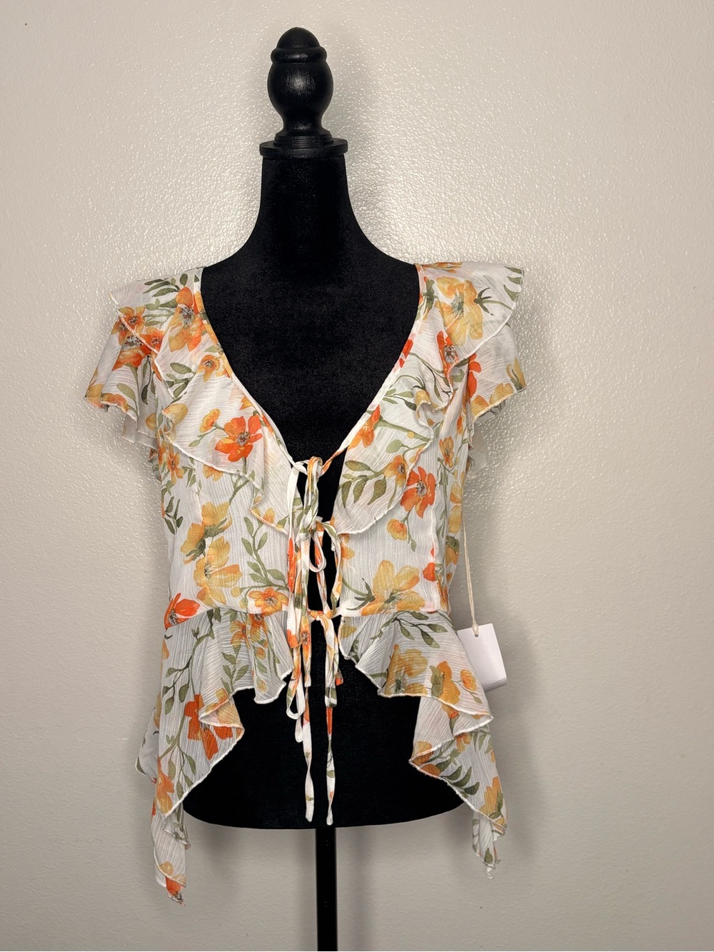 Floral Ruffle Short-Sleeve Blouse - White with Orange & Yellow Flowers